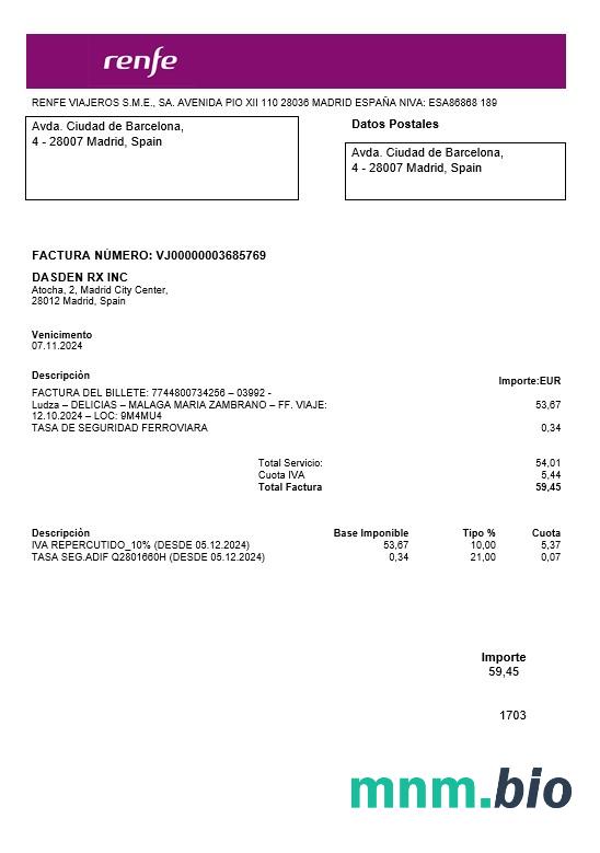 Hiszpania Renfe rachunek za usługi komunalne szablon w formacie Word i PDF
